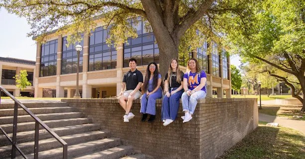 Students sitting on a swing bench