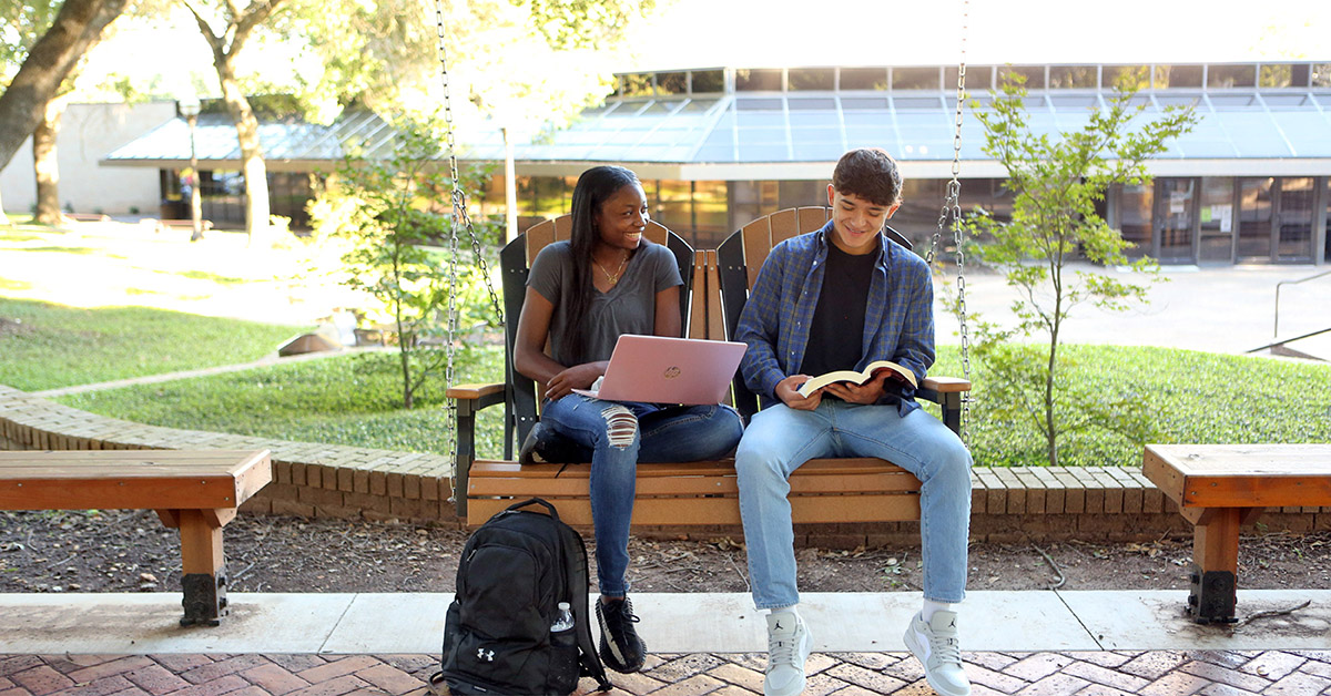 Students sitting on a swing bench