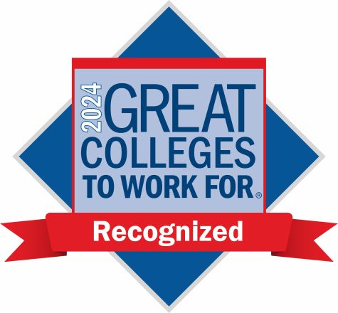 2024 Great Colleges to Work For logo, featuring a blue and red design with a ribbon that reads "Recognized."