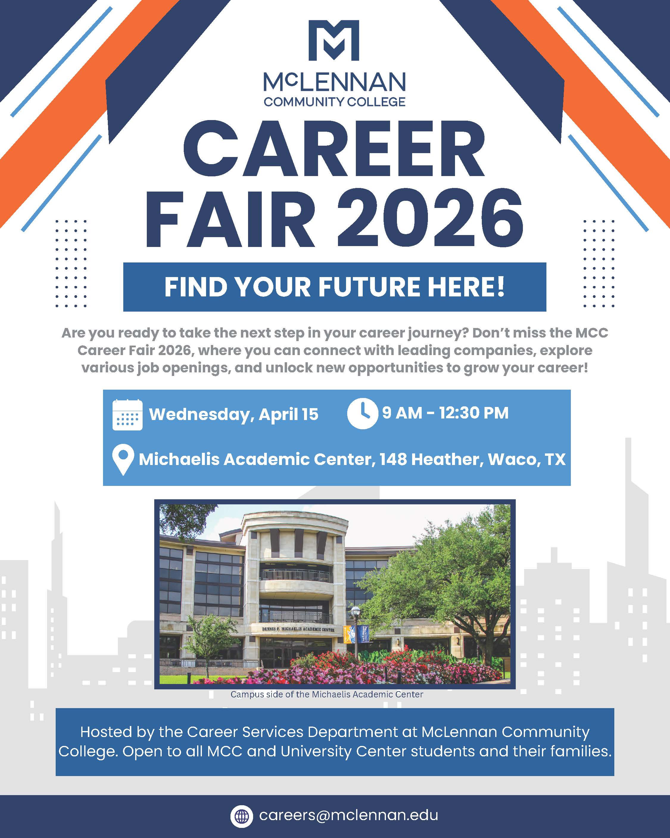 MCC Career Fair, Wed. April 15, 9 am-12:30 pm in the MAC building