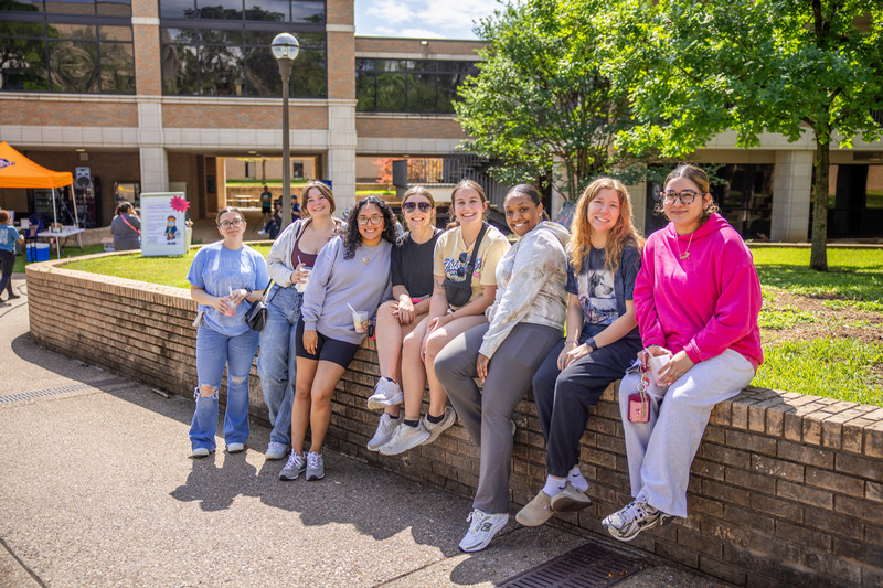 Group of students sitting on a low brick wall outside a campus building, gathered together in a courtyard with trees, grass, and sunlight, some holding drinks and personal items.