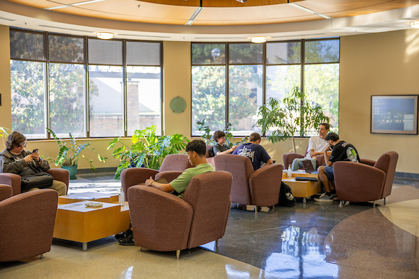 Students seated in cushioned chairs in a circular lounge area, studying and using laptops near low tables, with large windows, indoor plants, and natural light filling the space.