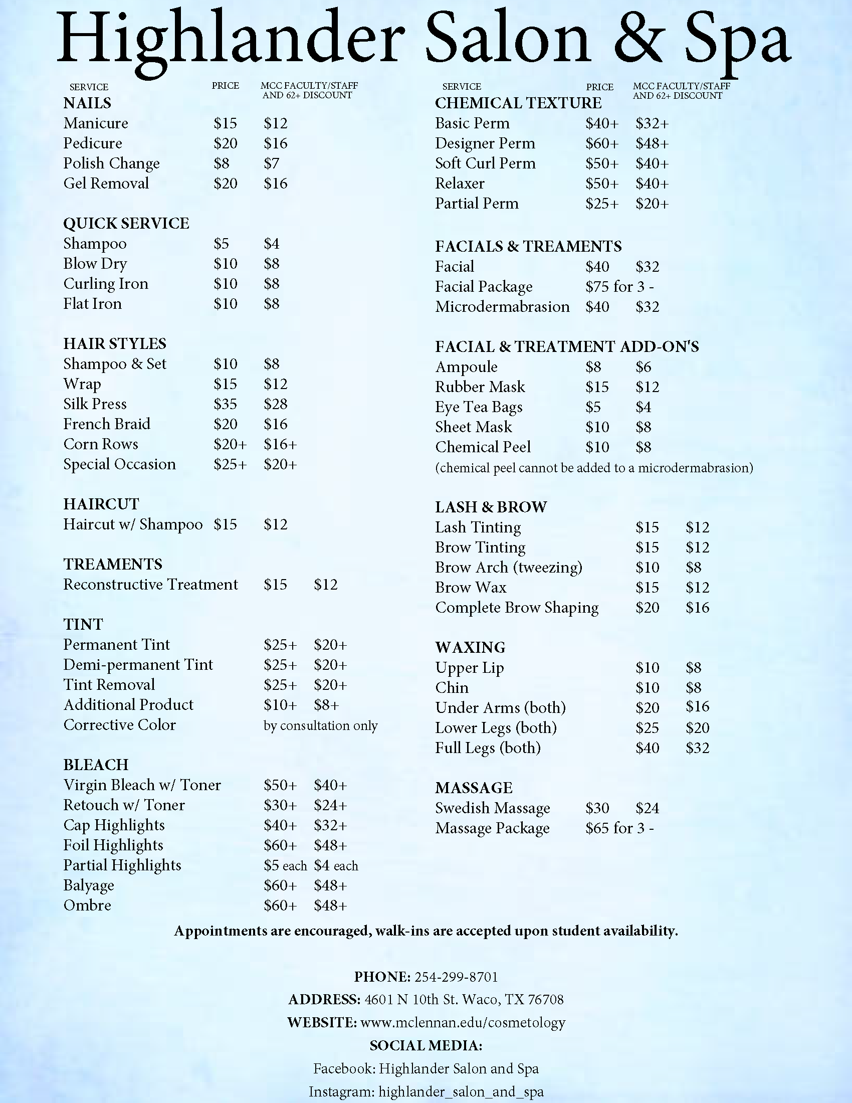 Salon Services Menu