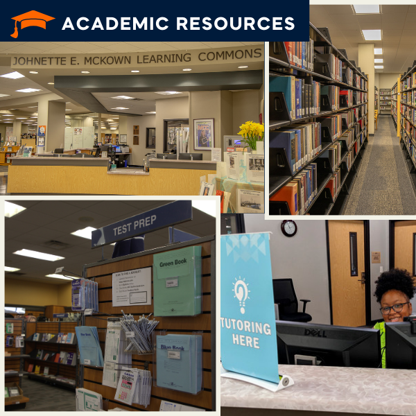A collage of photos showcasing academic resources inside a learning commons. The top-left image shows the entrance area of the Johnnette E. McKown Learning Commons with a front desk, computers, and informational displays. The top-right image features a long aisle of bookshelves filled with books. The bottom-left image displays a section labeled “Test Prep” with study guides and exam preparation materials on shelves. The bottom-right image shows a tutoring desk with a sign that reads “Tutoring Here” next to a computer workstation.