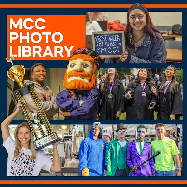 Collage banner labeled “MCC Photo Library” featuring student activities, awards, the Highlander mascot, and campus life images.