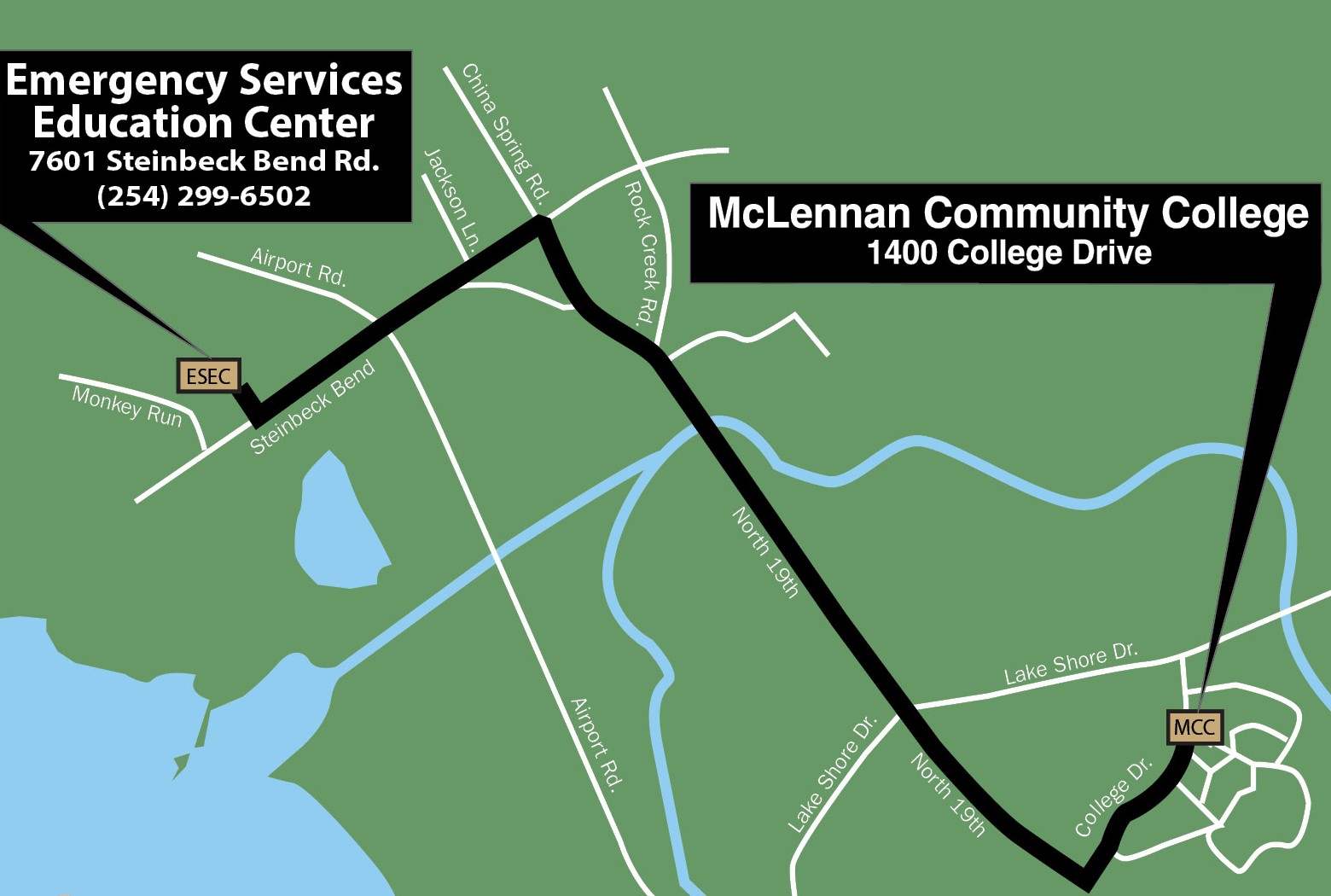 Map showing directions from Emergency Services Education Center to McLennan Community College.