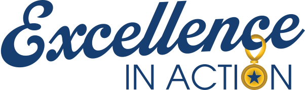 Logo featuring the phrase "Excellence in Action" with a gold medal icon.