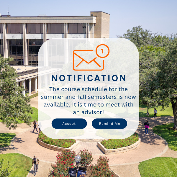 Graphic overlay on a campus walkway with students strolling among colorful fall trees. A notification icon featuring an envelope appears above the text: “Reminder: It’s time to get advised and plan your next semester!” Two buttons labeled “Accept” and “Remind Me” sit below the message.