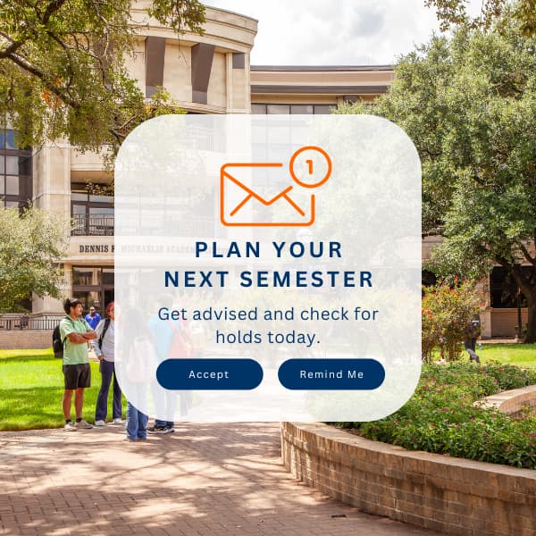 Phone notification graphic reminding MCC students to get advised and check for holds. Text reads: Plan Your Next Semester — Get advised and check for holds today.