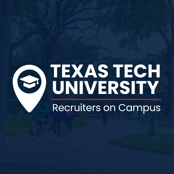 Graphic announcing a Texas Tech University campus recruiting event. The design features a white location pin icon with a graduation cap inside on a dark blue background. Bold white text reads “Texas Tech University” with a red underline, followed by smaller text “Recruiters on Campus.” Below, a white banner displays event details: “Nov. 25 | 9 a.m.–1 p.m. | MAC Foyer.” Faint background shows students walking on a campus pathway with trees.