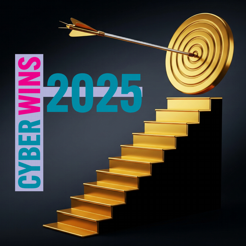 A 3D illustration of a golden target with an arrow hitting its center, positioned above a staircase labeled "CYBER WINS 2025."
