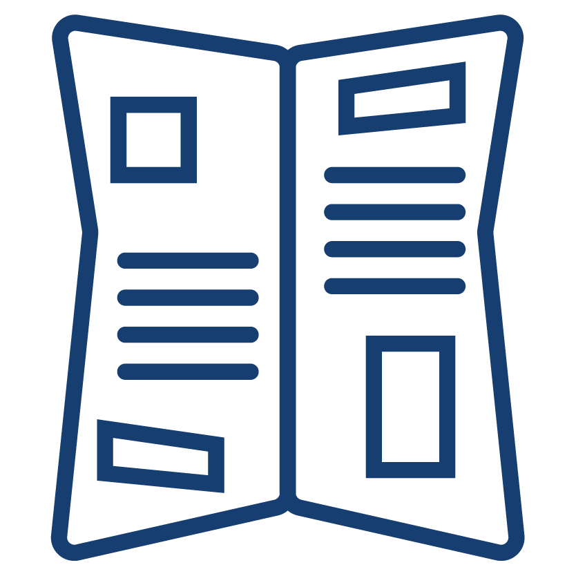 Icon of an open brochure featuring text and rectangular sections.