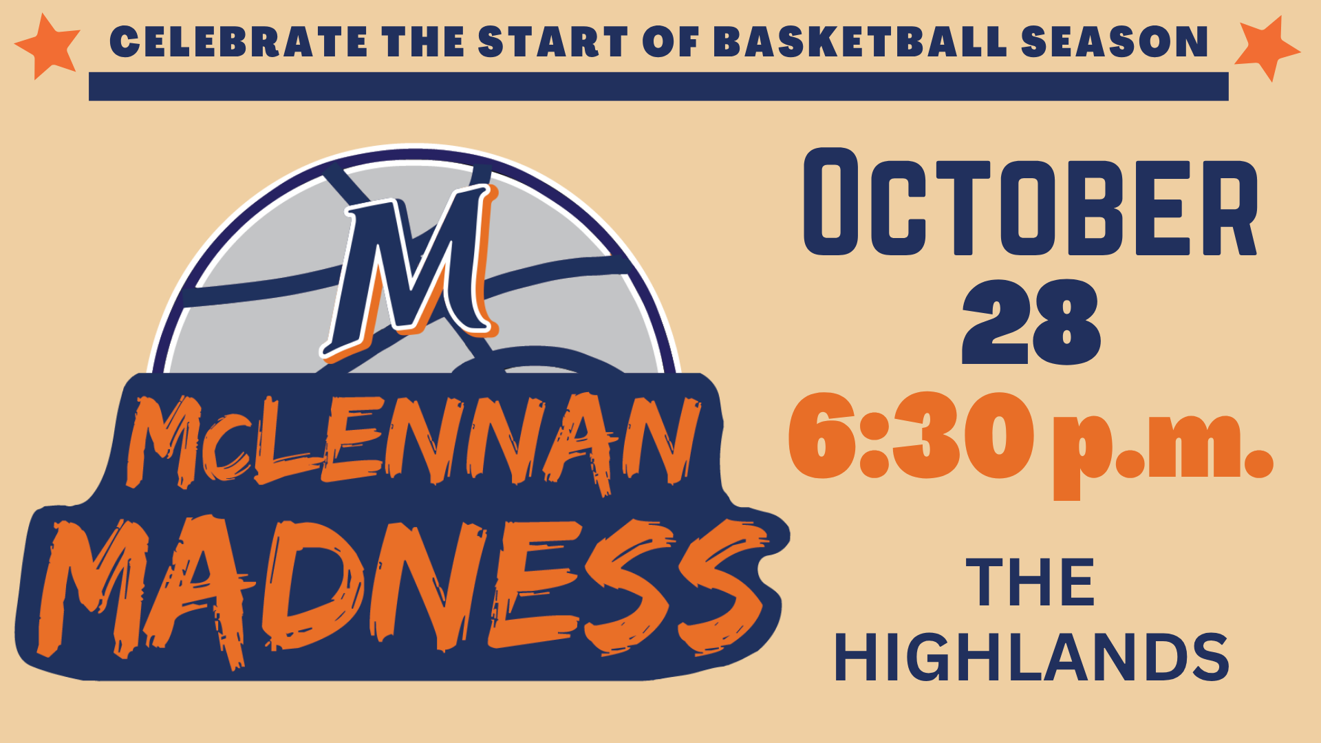 Promotional graphic for McLennan Madness basketball season kickoff, featuring the event date and time.