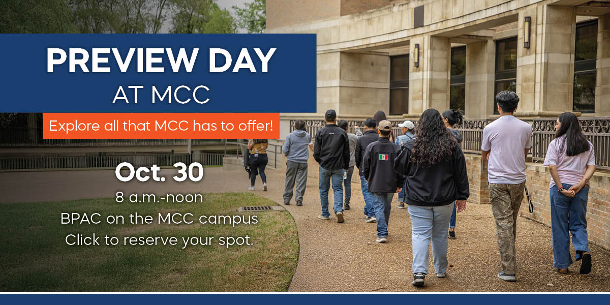 Preview Day promotional graphic featuring a group of people walking on the MCC campus with event details for October 30 from 8 a.m. to noon.