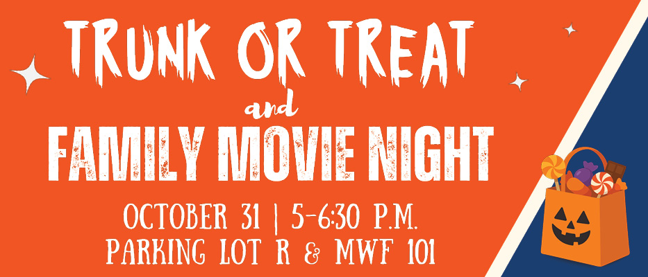 Graphic promoting a Trunk or Treat and Family Movie Night event, featuring bold text and Halloween-themed illustrations. The event details include the date, time, and location.