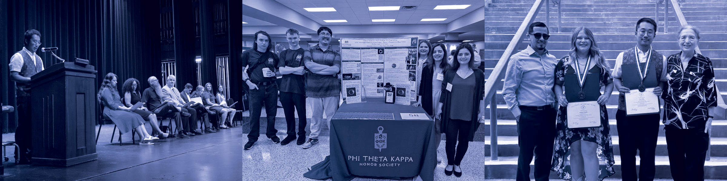 Collage showcasing a Phi Theta Kappa honors society event, featuring a speaker at a podium, attendees with a display table, and award recipients celebrating their achievements.