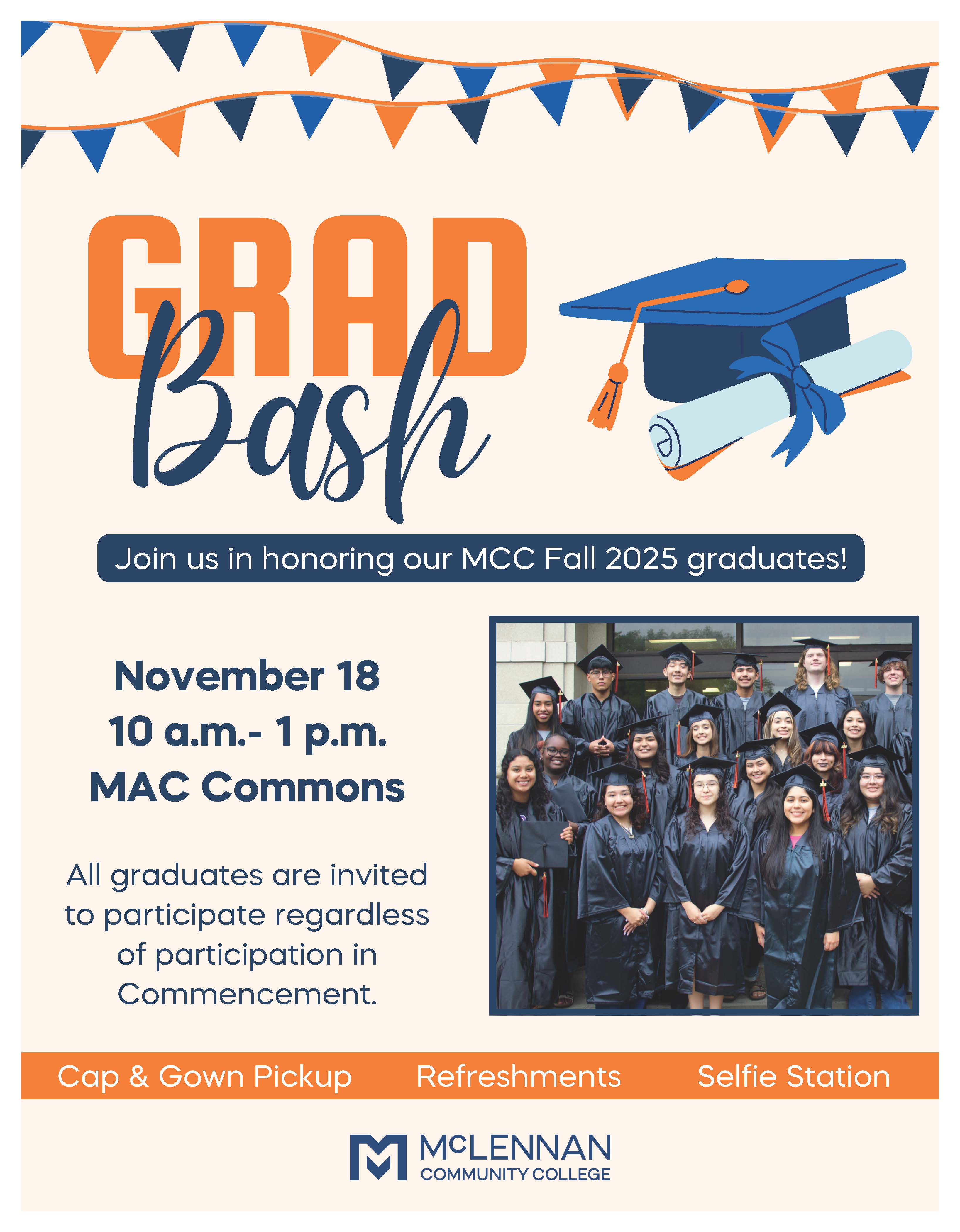 Grad Bash flyer with date of 11/18 10am-1pm in the MAC lobby