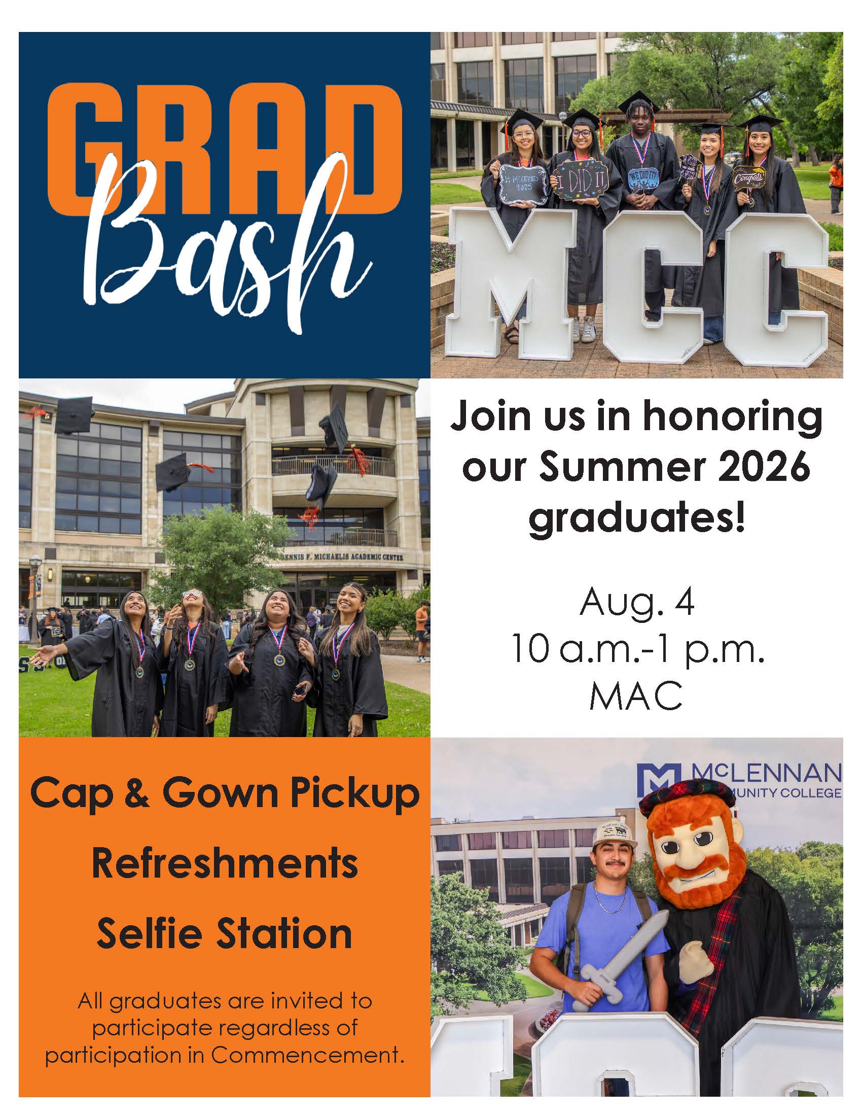 Grad Bash flyer for Summer 2026 graduates, August 4 from 10 a.m. to 1 p.m. at the MAC.