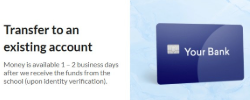Screen showing “Transfer to an existing account” text alongside a blue bank card labeled “Your Bank.”