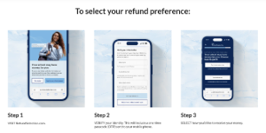 Instructional graphic titled "To select your refund preference" showing three smartphone screenshots labeled Step 1, Step 2, and Step 3 with brief captions beneath each.