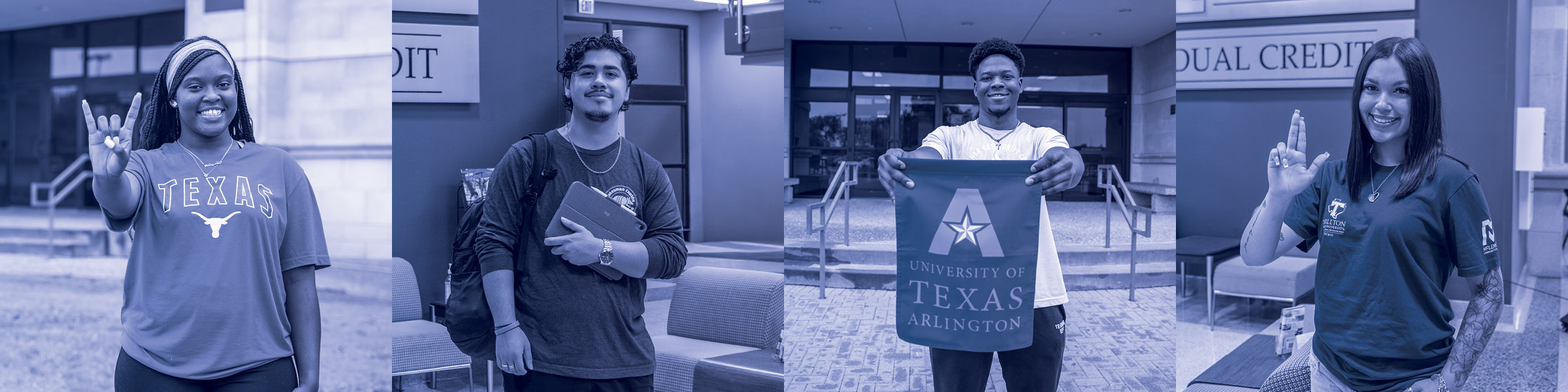 Three college students smile and pose indoors, one holding a University of Texas Arlington sign and two making the UT hand gesture.