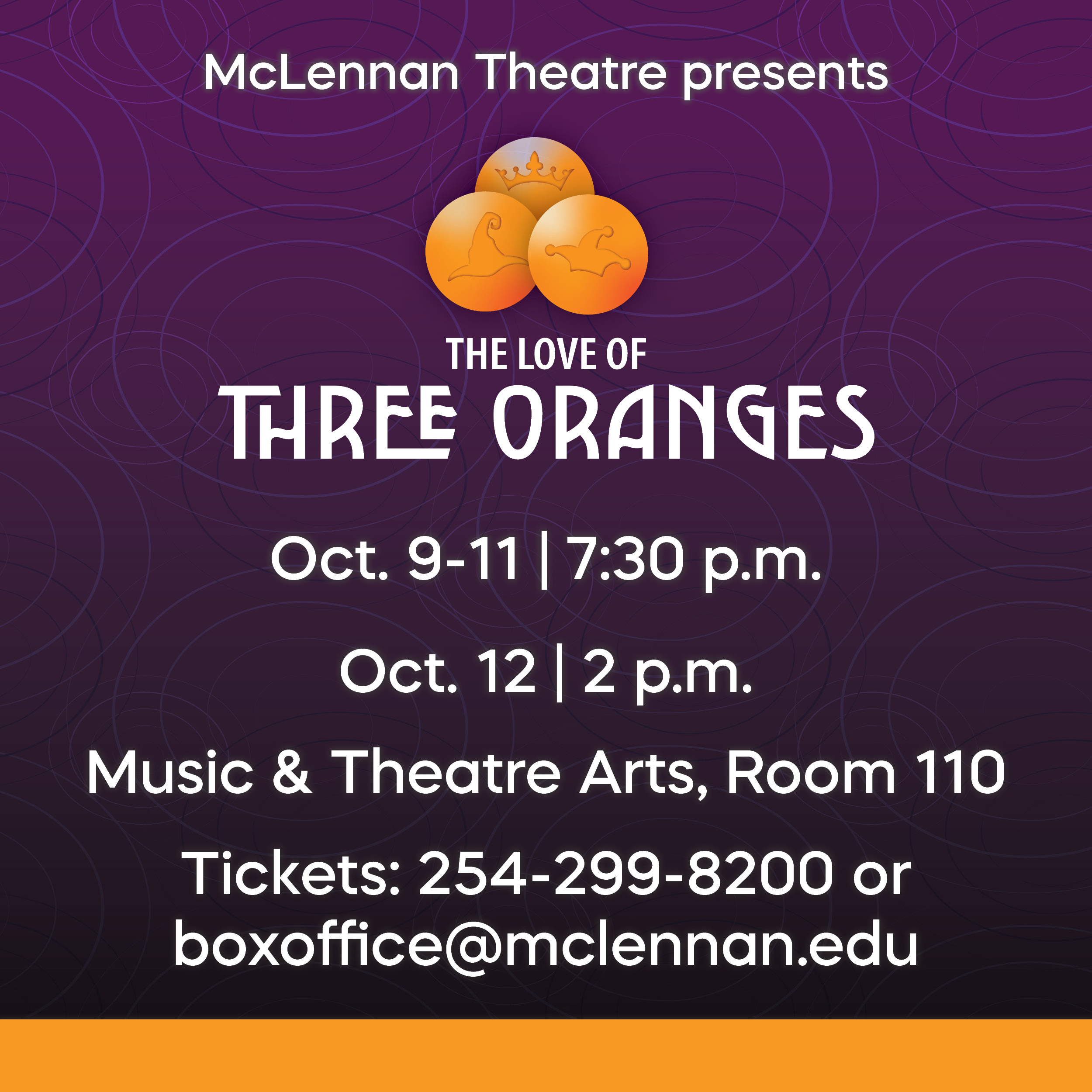 Promotional graphic for The Love of Three Oranges theatre production