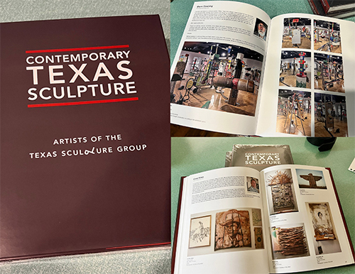 Collage showing the cover and pages of the book "Contemporary Texas Sculpture," featuring various artworks and artists from the Texas Sculpture Group.