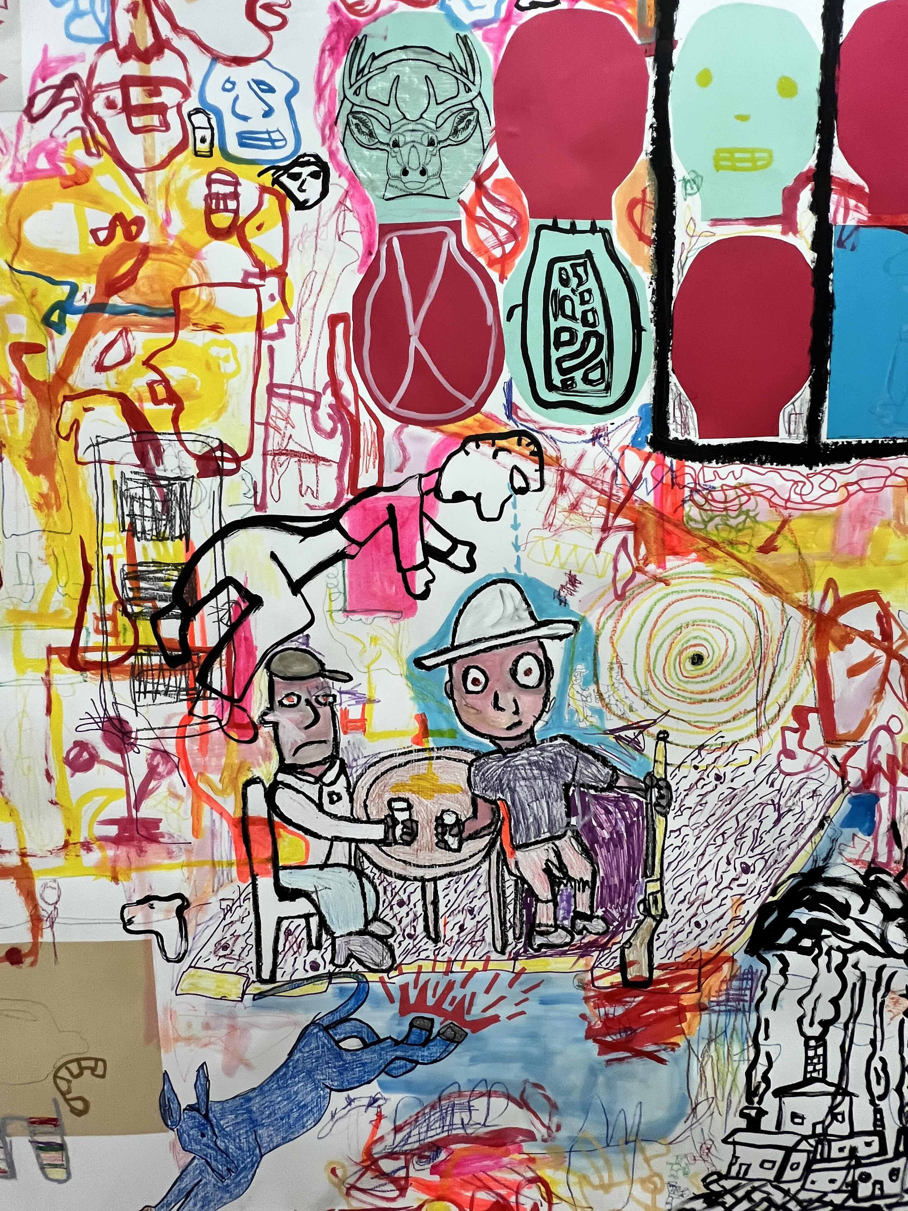 Abstract illustration with couple of people at a table and colorful images in the background.